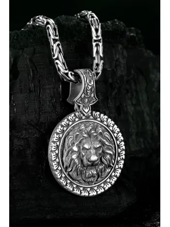 Erkek Gümüş Kolye - Kabartma Aslan Motifli Kalem İşlemeli Kral Zincirli Erkek Kolye