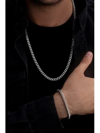 Erkek Çelik Bileklik Kolye Set - Kare Kesim Model Çelik Set