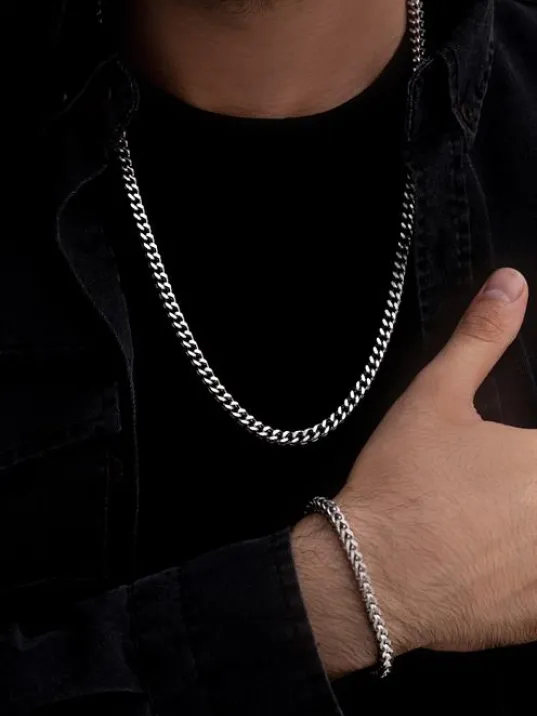 Erkek Çelik Bileklik Kolye Set - Kare Kesim Model Çelik Set