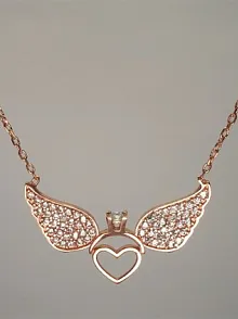 Tektaşlı Kanatlı Kalpli Bayan Gümüş Kolye Rose Model