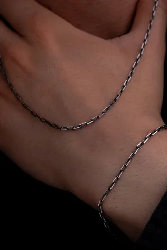 Erkek Gümüş Kolye Bileklik Set - 925 Ayar Oksitli Forse Zincir Gümüş Kolye Bileklik Set
