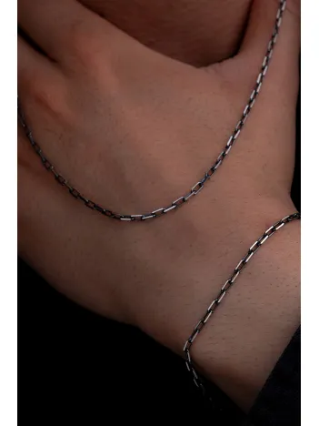 Erkek Gümüş Kolye Bileklik Set - 925 Ayar Oksitli Forse Zincir Gümüş Kolye Bileklik Set