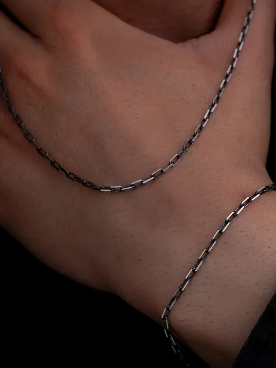 Erkek Gümüş Kolye Bileklik Set - 925 Ayar Oksitli Forse Zincir Gümüş Kolye Bileklik Set