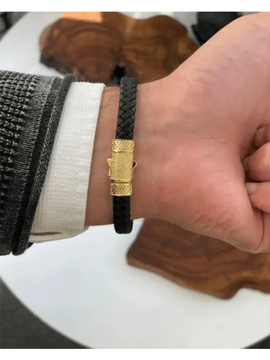 Erkek Bileklik - Deri Erkek Bileklik - Taşlı Altın Kaplama Erkek Bileklik - Taşlı Pusula Model