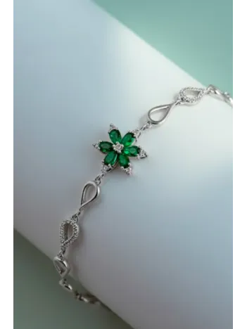 Kadın Gümüş Bileklik - Yeşil Doğal Safir Taşlı Nergis Model Damla Motifli Gümüş Bileklik