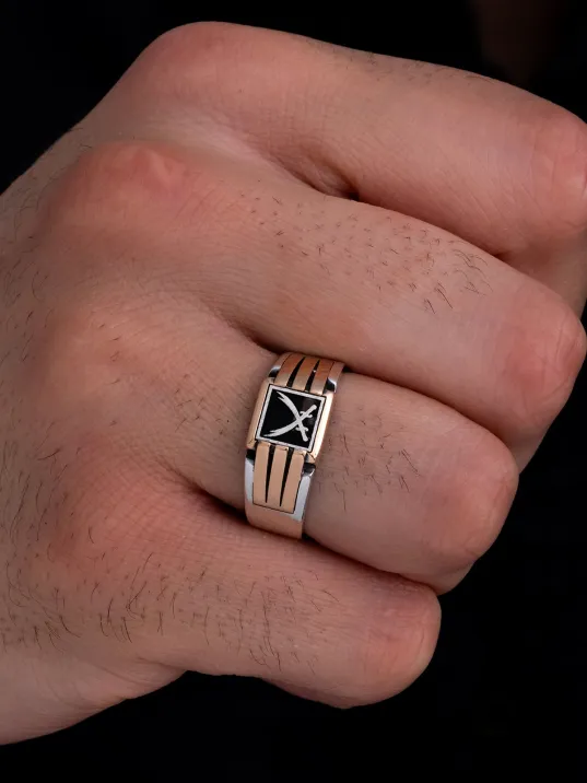 Erkek Gümüş Yüzük - Çift Zülfikarlı Kılıçlı İnce Kibar Erkek Yüzüğü