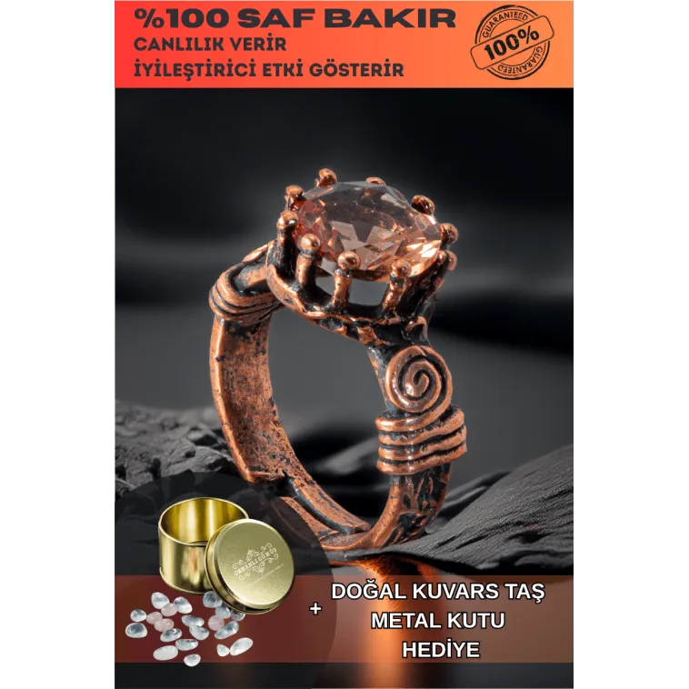 Kadın Bakır Yüzük - Zultanit Taşı Ağaç Kabuğu Model İnce Metal Kutu Kuvars Taşlı Yüzük