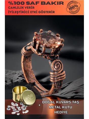 Kadın Bakır Yüzük - Zultanit Taşı Ağaç Kabuğu Model İnce Metal Kutu Kuvars Taşlı Yüzük