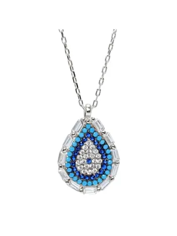 Baget Ve Turkuaz Taşlı Damla Model Nazar Boncuğu Bayan Gümüş Kolye