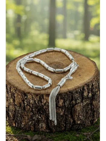 Erkek Gümüş Tespih - 925 Ayar Parlak Model Düz Kapsül Kesim Tesbih