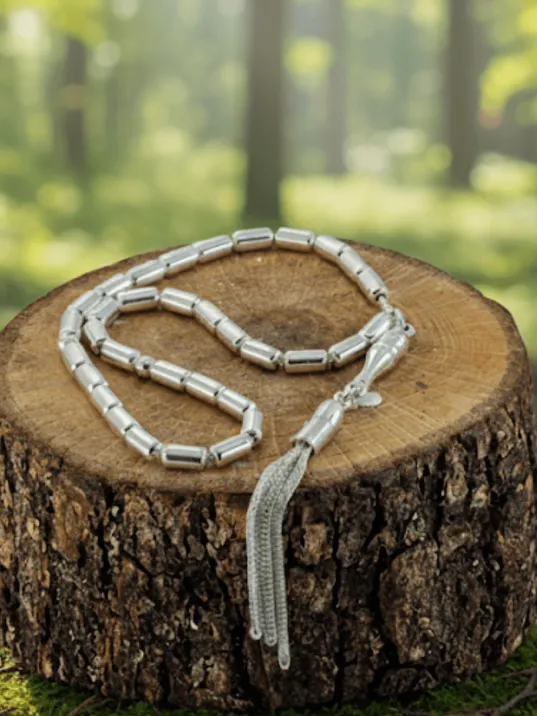 Erkek Gümüş Tespih - 925 Ayar Parlak Model Düz Kapsül Kesim Tesbih