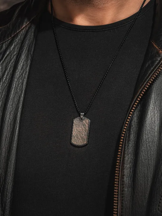 Steel Tag Siyah Polo Zincir Erkek Kolye - Asker Künyesi Desenli, Siyah Çizgili, Paslanmaz Çelik