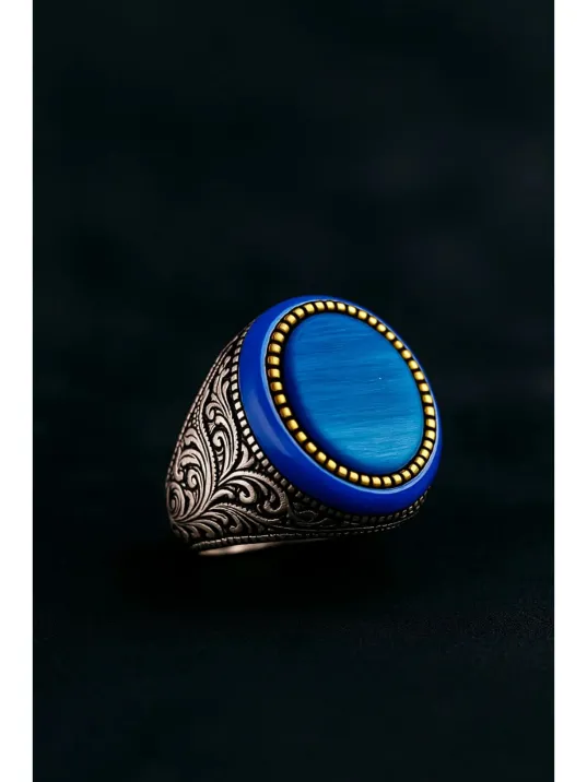 Erkek Kehribar Detaylı Mavi Kaplan Gözü Taşı 925 Ayar Gümüş Yüzük