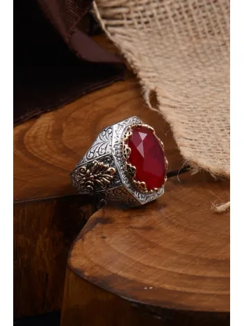 Kırmızı Zirkon Taşlı İşlemeli Erkek Gümüş Yüzük