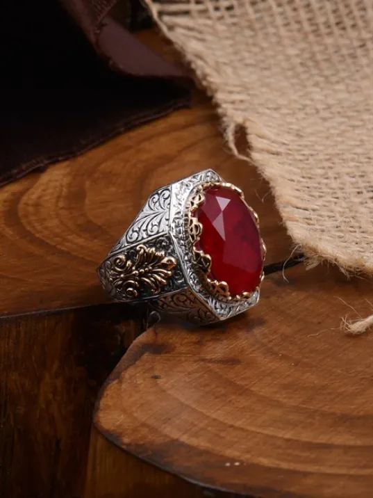 Kırmızı Zirkon Taşlı İşlemeli Erkek Gümüş Yüzük