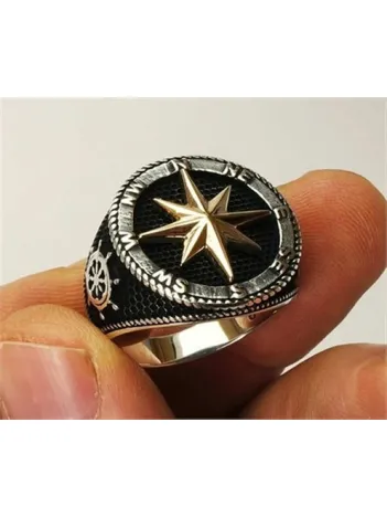 Pusula Çapa Dümen Motifli Gemici Gümüş Erkek Yüzüğü