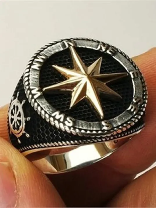 Pusula Çapa Dümen Motifli Gemici Gümüş Erkek Yüzüğü Pusula Çapa Dümen Motifli Gemici Gümüş Erkek Yüzüğü