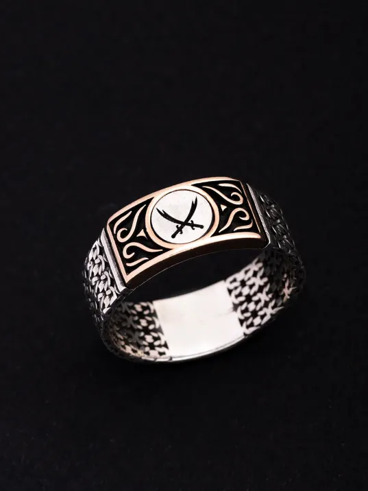 Erkek Gümüş Yüzük - Çift Zülfikar Kılıcı Zincir Motifli İnce Kibar Erkek Yüzüğü