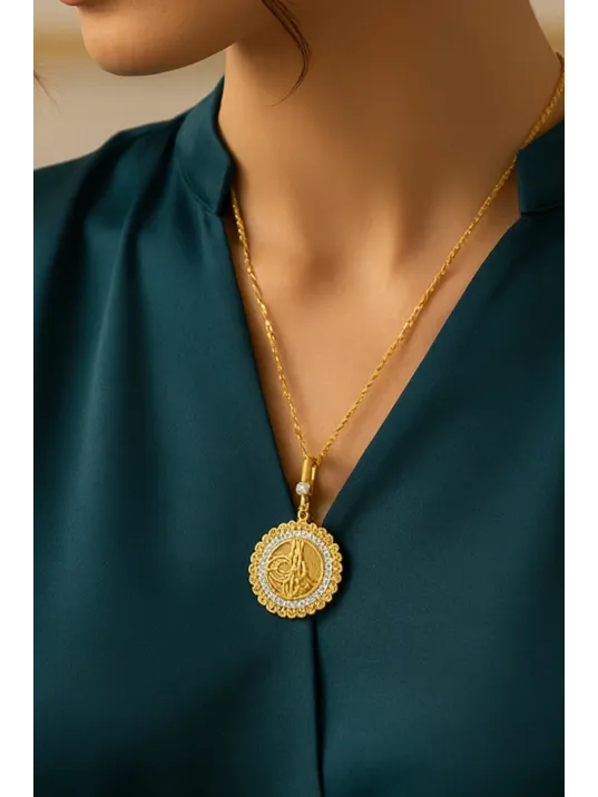 Kadın Gümüş Kolye - Osmanlı Tuğrası Motifli 22 Ayar Altın Kaplama Zirkon Taşlı Gümüş Kadın Kolye