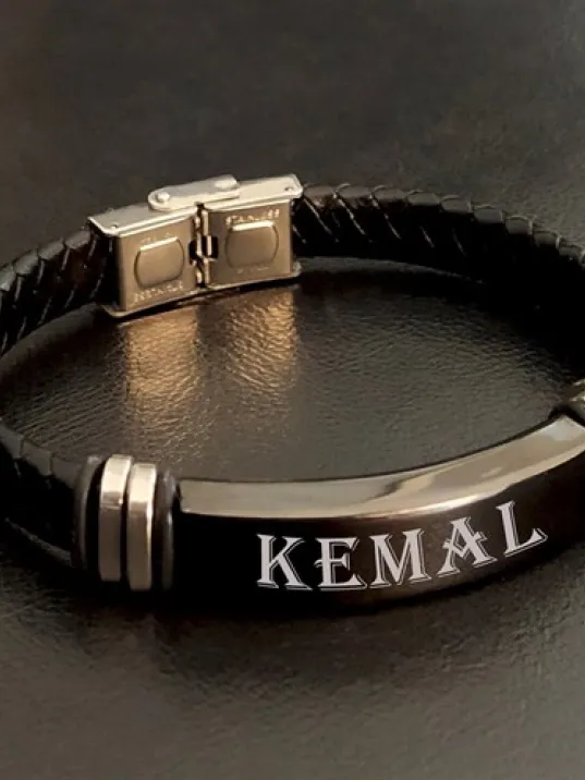 Kişiye Özel İsim Yazılan Çelik Deri Erkek Bileklik