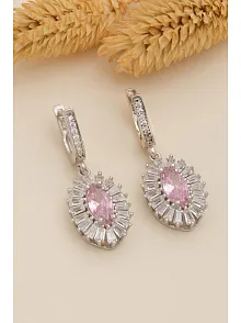 Kadın Gümüş Küpe - Damla Model Pembe Zirkon Taşlı Baget Süslemeli Rodyumlu Kadın Küpe