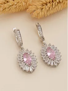 Kadın Gümüş Küpe - Damla Model Pembe Zirkon Taşlı Baget Süslemeli Rodyumlu Kadın Küpe