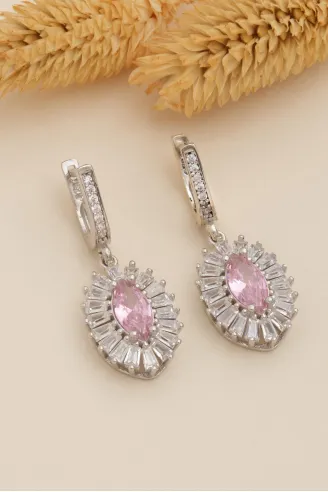 Kadın Gümüş Küpe - Damla Model Pembe Zirkon Taşlı Baget Süslemeli Rodyumlu Kadın Küpe