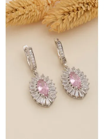 Kadın Gümüş Küpe - Damla Model Pembe Zirkon Taşlı Baget Süslemeli Rodyumlu Kadın Küpe