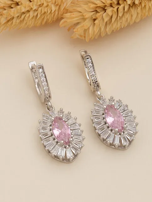 Kadın Gümüş Küpe - Damla Model Pembe Zirkon Taşlı Baget Süslemeli Rodyumlu Kadın Küpe