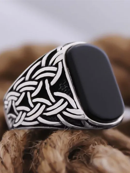 Siyah Oniks Taşlı Örme Desen İşlemeli Özel Seri Erkek Gümüş Yüzük