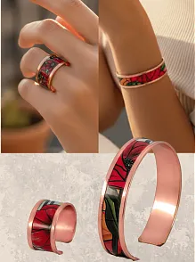 Kadın Bakır Bileklik Yüzük Set - Chlara Model Özel Baskı Metal Kutu Ve Kuvars Taşı