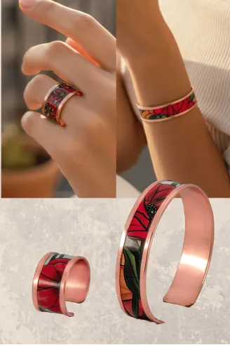 Kadın Bakır Bileklik Yüzük Set - Chlara Model Özel Baskı Metal Kutu Ve Kuvars Taşı