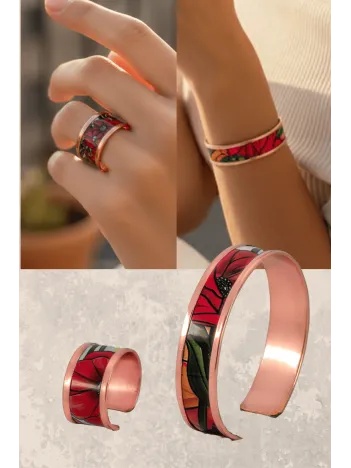 Kadın Bakır Bileklik Yüzük Set - Chlara Model Özel Baskı Metal Kutu Ve Kuvars Taşı