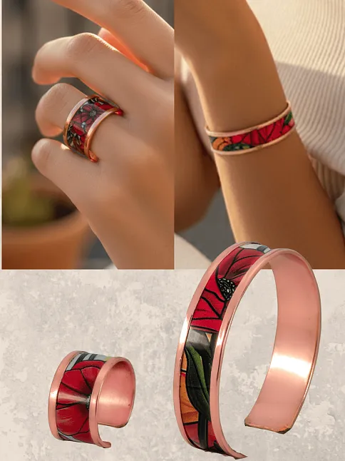 Kadın Bakır Bileklik Yüzük Set - Chlara Model Özel Baskı Metal Kutu Ve Kuvars Taşı
