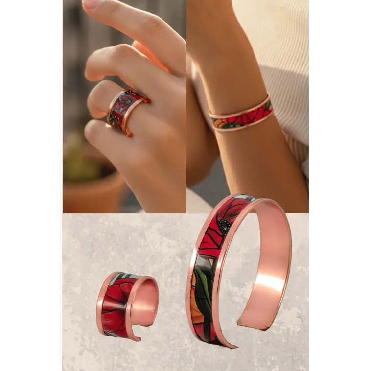 Kadın Bakır Bileklik Yüzük Set - Chlara Model Özel Baskı Metal Kutu Ve Kuvars Taşı Kadın Bakır Bileklik Yüzük Set - Chlara Model Özel Baskı Metal Kutu Ve Kuvars Taşı