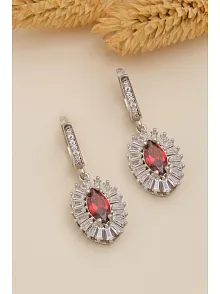 Kadın Gümüş Küpe - Damla Model Yakut Taşlı Baget Süslemeli Rodyumlu Kadın Küpe