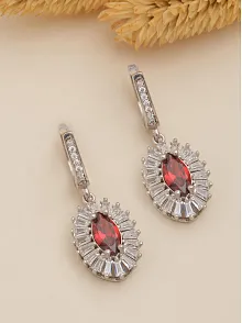 Kadın Gümüş Küpe - Damla Model Yakut Taşlı Baget Süslemeli Rodyumlu Kadın Küpe