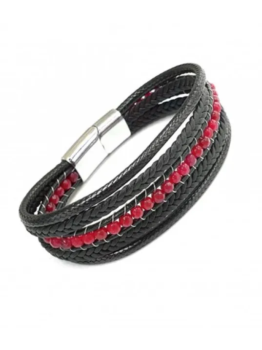 Kırmızı Faset Akik Doğal Taşlı Çoklu Deri Kordonlu Bileklik DBLIMT2D200-KRM