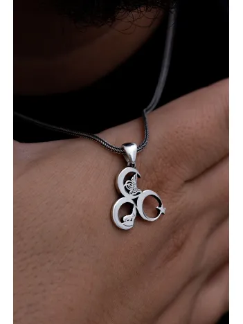 Üç Hilal Tuğralı Bozkurtlu Ay Yıldızlı Ülkücü Erkek Gümüş Kolye Zincir