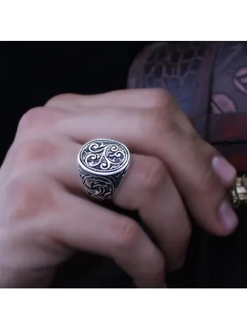 Oksitli İşlemeli Taşsız Sade Özel Seri Erkek Gümüş Yüzük