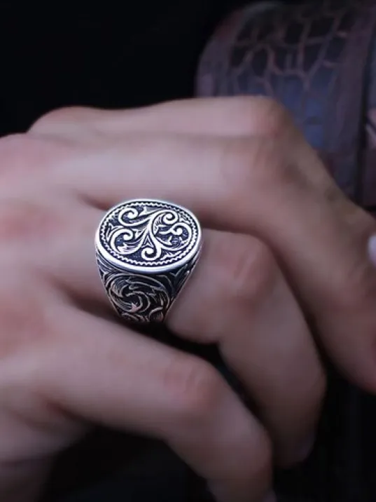 Oksitli İşlemeli Taşsız Sade Özel Seri Erkek Gümüş Yüzük