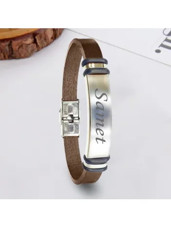 Erkek Deri Bileklik - Kahverengi Deri & İsim Yazılabilir Bileklik Çelik Plaka Bileklik