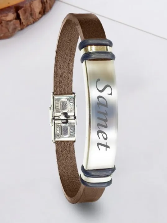 Erkek Deri Bileklik - Kahverengi Deri & İsim Yazılabilir Bileklik Çelik Plaka Bileklik