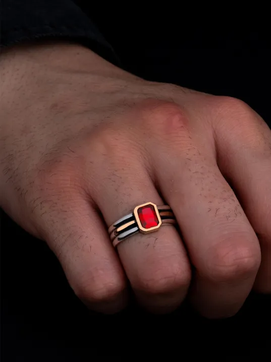 Erkek Gümüş Yüzük - Kırmızı Yakut Taşlı İnce Kibar Erkek Yüzüğü