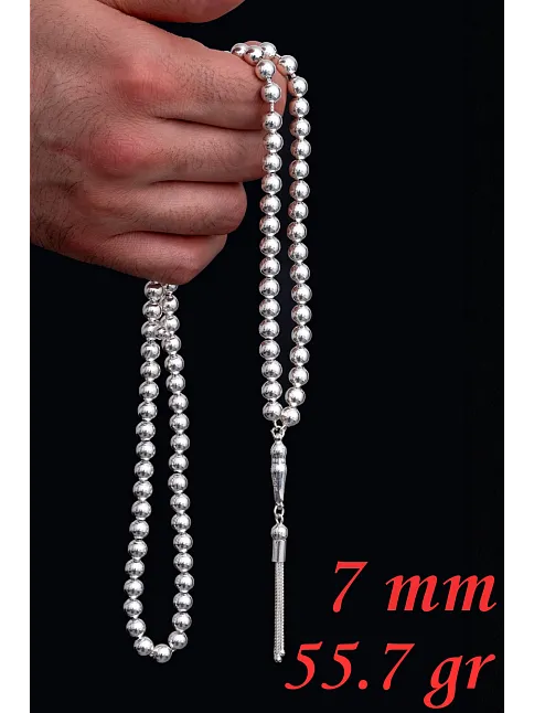 Erkek Gümüş Tespih - Düz Küre 99'luk Namaz Tespihi 7 mm Gümüş Tespih