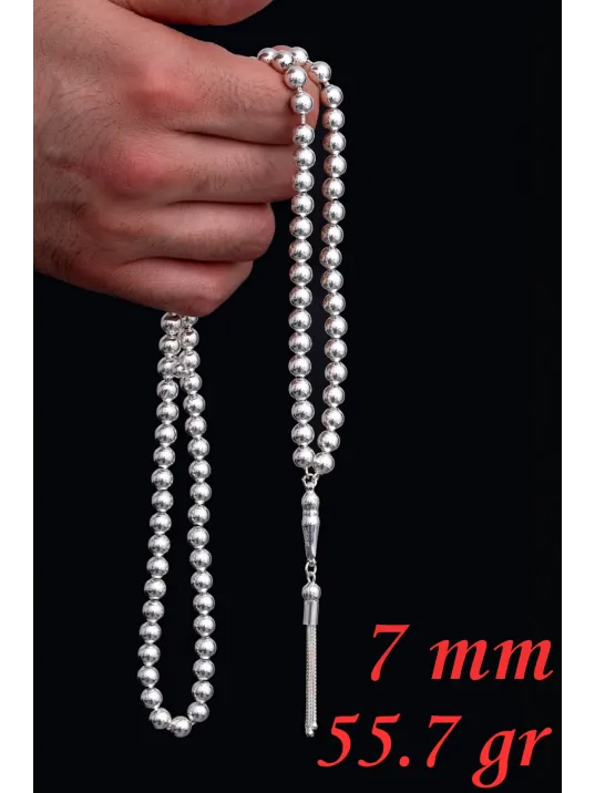 Erkek Gümüş Tespih - Düz Küre 99'luk Namaz Tespihi 7 mm Gümüş Tespih