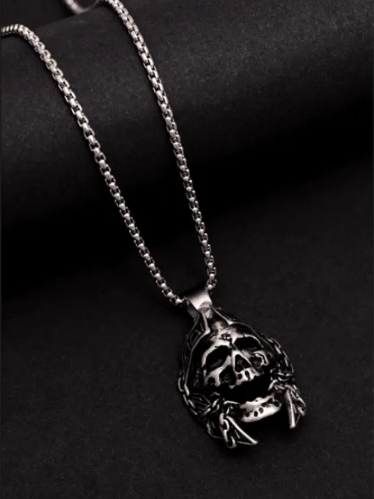 Erkek Kolye - Savaşçı Kuru Kafa Figürlü Erkek Çelik Kolye - 316 L Paslanmaz Çelik