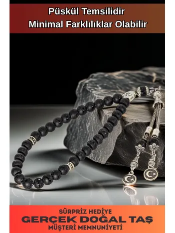 Erkek Doğal Taş Tespih - Doğal Zülfikar Kılıcı İşlemeli Siyah Oniks Taşlı Ortaboy Tesbih