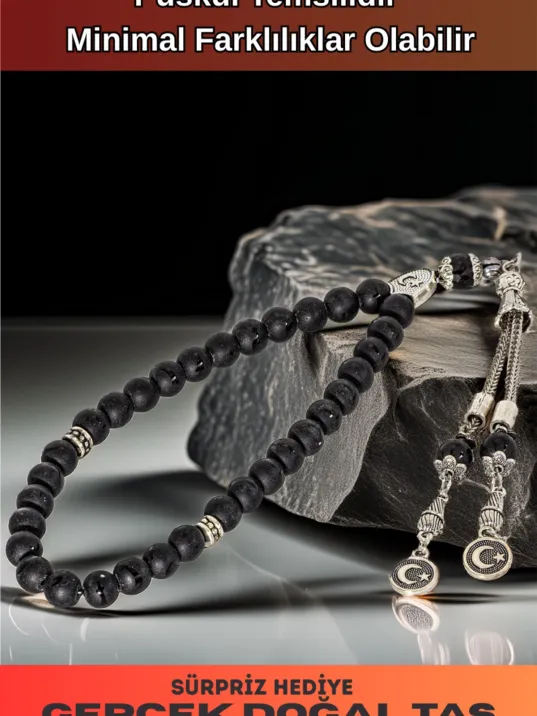 Erkek Doğal Taş Tespih - Doğal Zülfikar Kılıcı İşlemeli Siyah Oniks Taşlı Ortaboy Tesbih