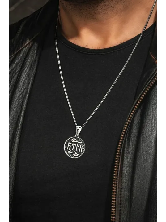 Erkek Gümüş Kolye - Yuvarlak Göktürkçe Türk Yazılı Balta Motif Gümüş Erkek Kolye